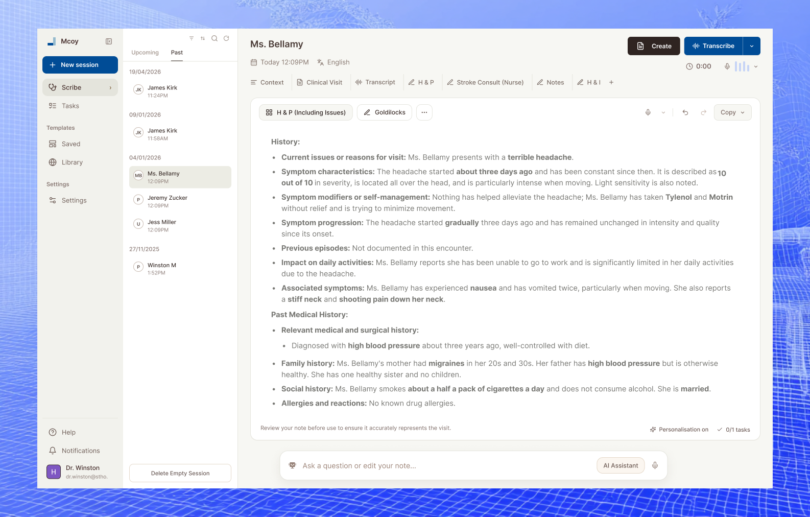 Mcoy clinical workspace screenshot